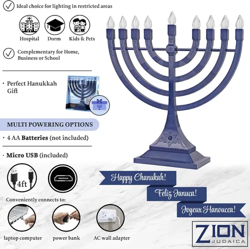 Vista 3 de Menorá eléctrica con luces LED, de Zion Judaica, funciona con batería o USB