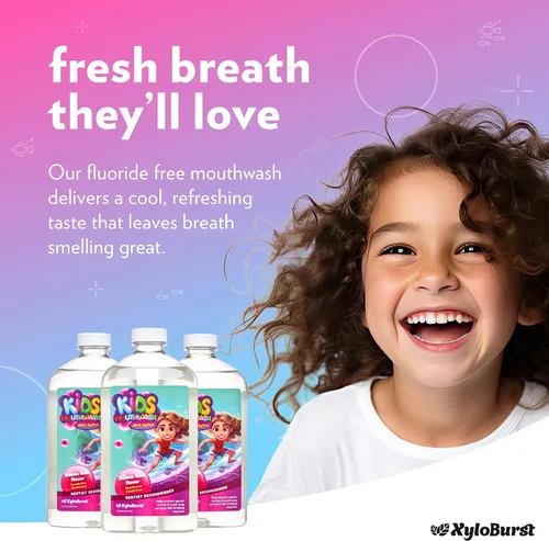 Vista 3 de Xyloburst Oral Rinse Kids Enjuague Bucal - Enjuague bucal con xilitol natural, enjuague bucal sin flúor con aloe vera, sin alcohol, 16 onzas líquidas