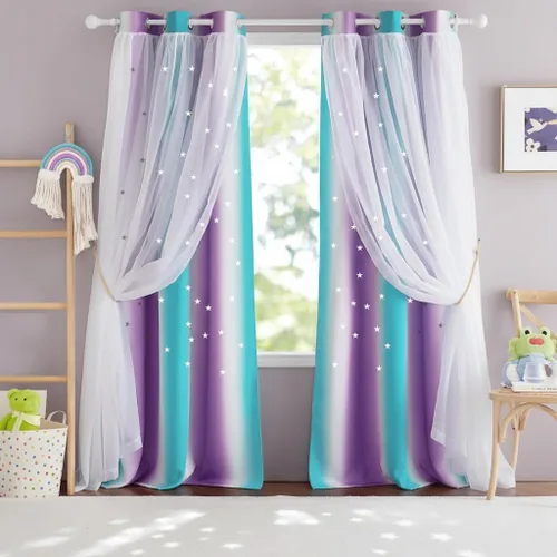 Vista 47 de NICETOWN Cortinas para dormitorio de niñas, cortinas de arco iris, cortinas de estrellas, cortinas de princesa, decoración de habitación