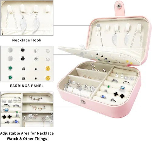 Vista 3 de CACASO Joyero organizador portátil de joyas de viaje de 2 capas caja de almacenamiento de joyas para mujer caja de joyería pequeña de piel sintética