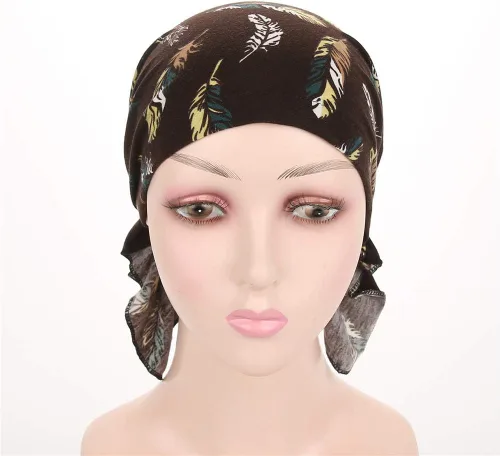 Vista 3 de Gorro de turbante de sueño con estampado de algodón elástico para mujer, bufanda de quimioterapia para pérdida de cabello con cáncer