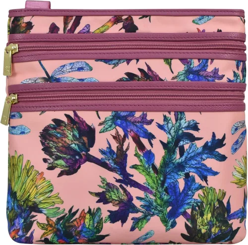 Vista 2 de Anuschka Bandolera cruzada con bolsillo deslizante, colección Wanderlust, tela de nailon con ribete de cuero genuino e impresión de obras de arte