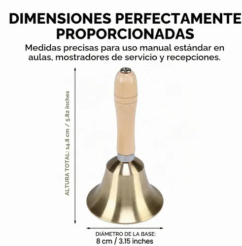 Vista 2 de Campana de llamada de mano de latón macizo extra fuerte con mango de madera