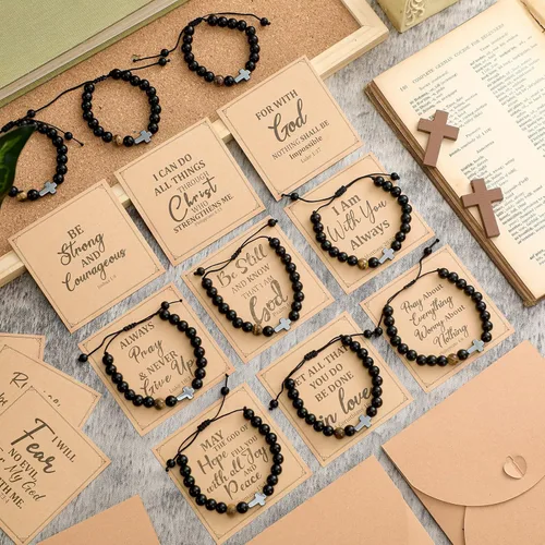 Vista 3 de Cunno Juego de 12 Pulseras de Cruz Cristiana al Por Mayor, Pulseras de Cuentas de Cruz Religiosa para Mujeres y Hombres, 12 Cosas de Cuentas