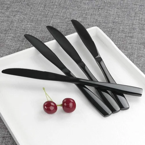 Vista 5 de Teyyvn 16 cuchillos de cena de acero inoxidable negros, cuchillos de mesa para cubiertos Espejo pulido, acero inoxidable de grado alimenticio
