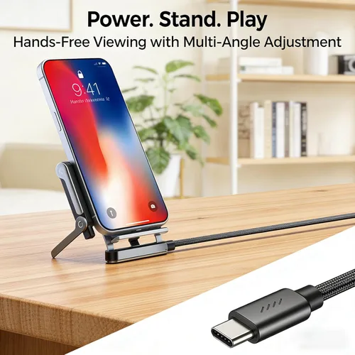 Vista 3 de Cable de carga rápida trenzado de 240 W con soporte para teléfono integrado, cable USB-C plegable duradero de 90 grados, cable USB C de ángulo
