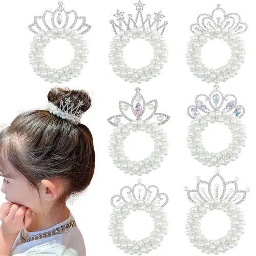 Vista 8 de 4 piezas de accesorios para el cabello con cuentas, cuentas de perlas blancas, coleteros elásticos para cola de caballo y lazos de cuerda de pelo