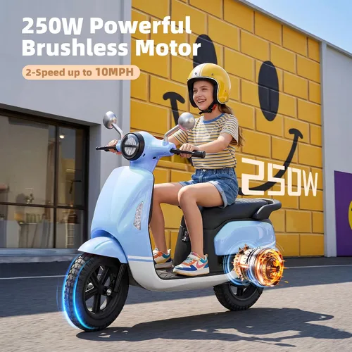 Vista 7 de Bicicleta eléctrica de 24 V para niños, velocidad de hasta 10 MPH, scooter Azul