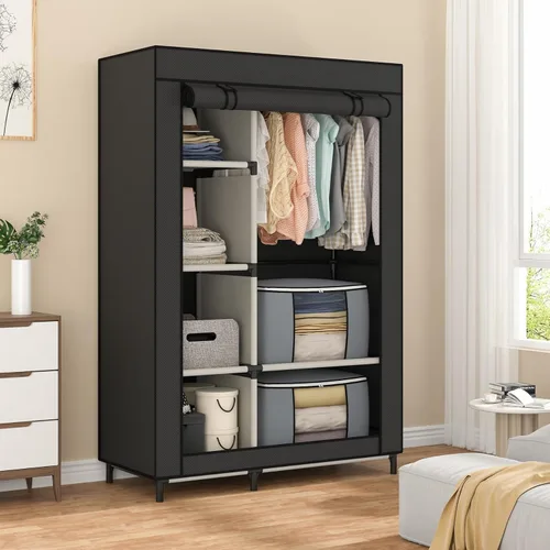 Vista 4 de Calmootey Armario portátil, armario con 6 estantes y barra para colgar, organizador de almacenamiento para dormitorio, funda de tela no tejida con 4