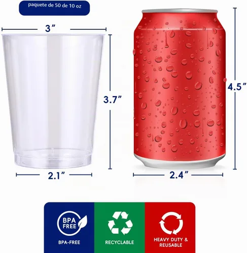 Vista 3 de JOLLY CHEF Vasos de plástico desechables transparentes de 10 onzas, paquete de 50 vasos de plástico transparente, vasos de fiesta resistentes, vasos
