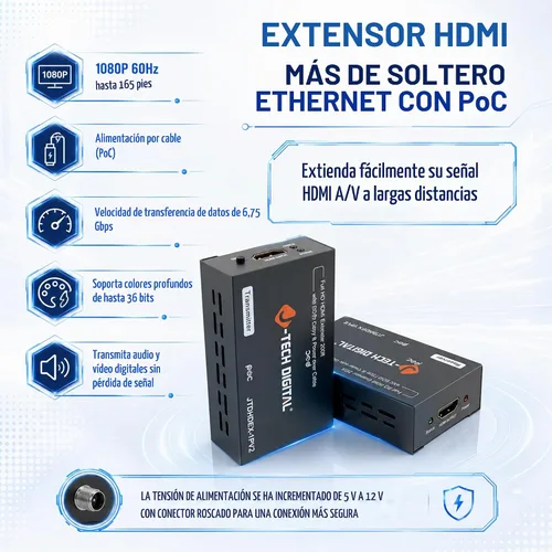 Vista 3 de J-Tech Digital Extensor HDMI sobre CAT5e/6/7 con PoC 1080P a 60Hz hasta 165 pies, HDMI Balun sobre Ethernet único compatible con EDID Copy