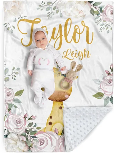 Vista 27 de Manta de bebé personalizada, manta de felpa suave con respaldo de puntos de doble capa para niños y niñas, nombre personalizado con diseño de animal