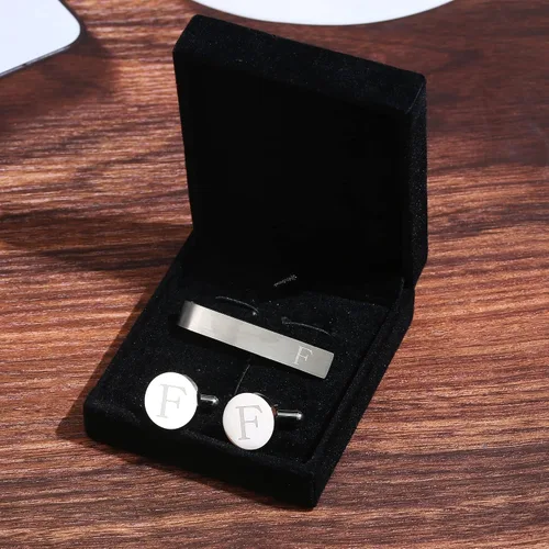 Vista 23 de LOYALLOOK - Gemelos de acero inoxidable grabados con inicial y clip de corbata, diseño de letras del alfabeto con caja de regalo, A-Z