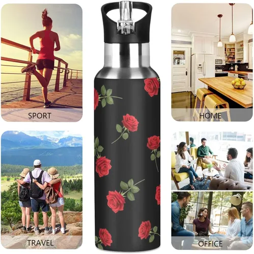 Vista 5 de Red Roses Green Leaves Black Insulated Water Bottle 20 Oz Leakproof Water Bottles, BPA-Free Sports Water Bottle with Straw