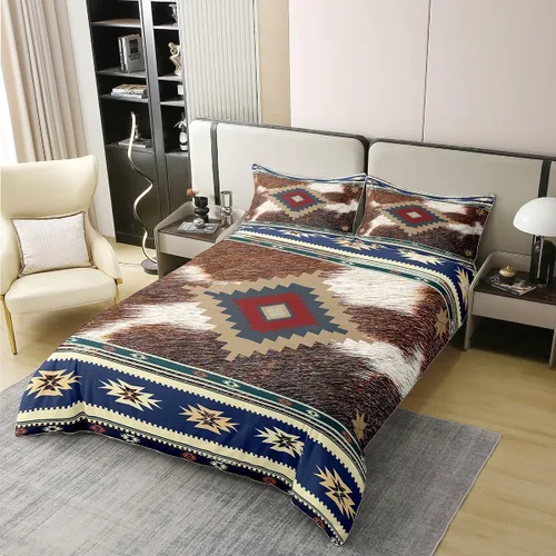 Vista 3 de jejeloiu Juego de ropa de cama azteca, tamaño King, estampado de piel de vaca occidental, funda de edredón 100% algodón para niños, funda de edredón