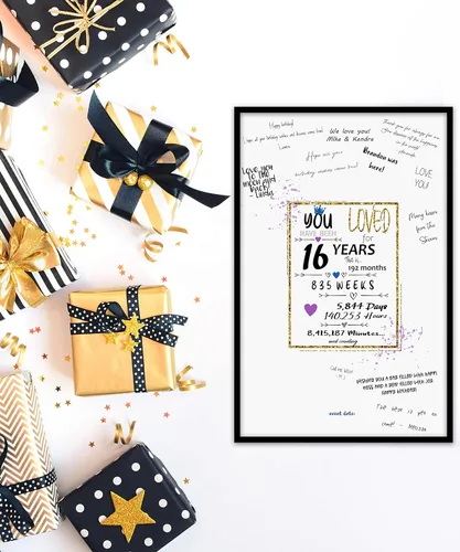 Vista 6 de Póster de libro de invitados para fiesta de cumpleaños número 16, pancarta de decoración de centro de mesa para mujeres u hombres que cumplen 16