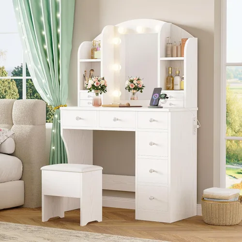 Vista 3 de IRONCK Escritorio de tocador con espejo y luces, mesa de tocador de maquillaje con 10 cajones, organizador de joyas, toma de corriente, taburete