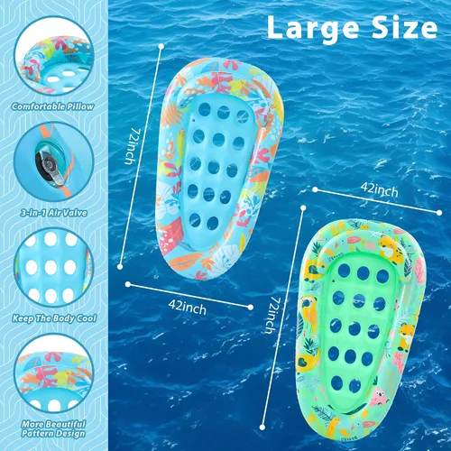 Vista 5 de Paquete de 2 flotadores de piscina para adultos, 72 x 42 pulgadas, tamaño ultra con reposacabezas, agujeros de enfriamiento, tapetes gigantes
