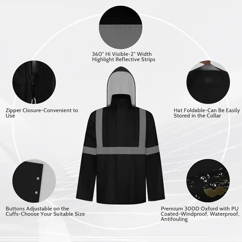 Vista 45 de TCCFCCT Chaqueta de lluvia de alta visibilidad para hombre, impermeable, abrigo de lluvia de alta visibilidad para hombres y mujeres con capucha
