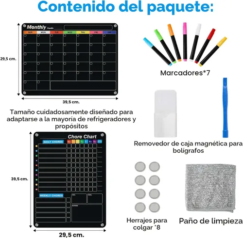 Vista 4 de Calendario acrílico magnético negro de borrado en seco para refrigerador, mensual y semanal/tabla de planificación de tareas para niños, adultos