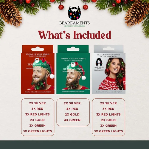 Vista 3 de Beardaments Paquete de luces para barba, luces para el cabello y adornos: las 16 luces originales para barba, 16 luces de cabello y 12 adornos