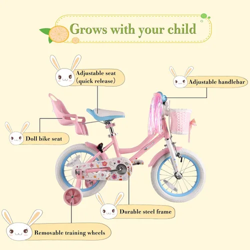 Vista 2 de RULLY 12 14 16 Inch Girls Bike for 2-7 Year Olds, Daisy Kids Bicycle with Training Wheels, Basket & Doll Seat, Retro Toddler Bike with Coaster