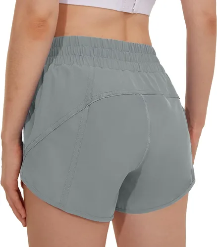 Vista 2 de Aurefin Pantalones cortos de correr de cintura baja para mujer, de secado rápido, con forro y bolsillo con cremallera