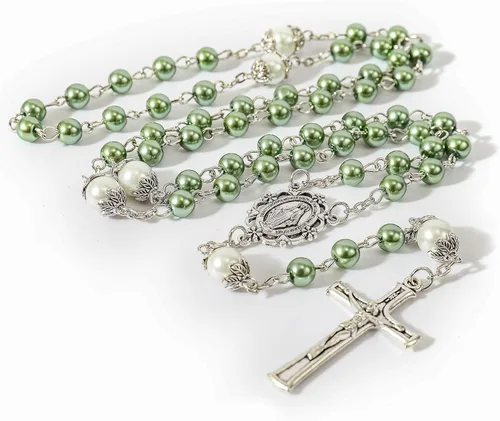 Vista 7 de Nazareth Store - Collar de cuentas de perlas rosario blanco Padre Nuestro con medalla de Lourdes y crucifijo de cruz devoción espiritual