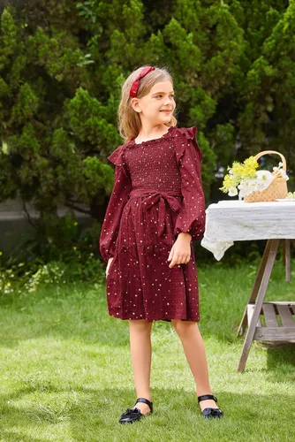 Vista 3 de GRACE KARIN Vestido de otoño para niñas, de manga larga, con volantes, escalonado, brillante, vestido de fiesta de invierno para niñas, talla 5-12