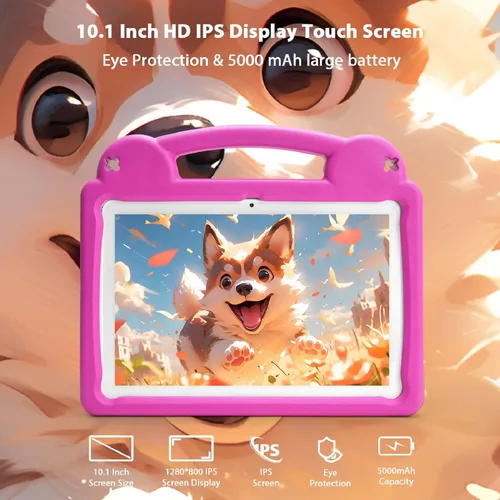 Vista 5 de Tablet Android de 10 pulgadas, Android 15 Kids Tablet, A523 Octa-Core, 8GB+64GB, 1TB expandible, WiFi 6 (2.4G+5G), funda EVA con soporte, rosa