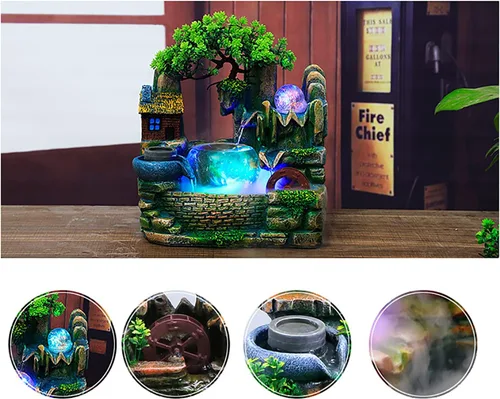 Vista 6 de Cascada Zen de escritorio de 14" con efecto atomizador LED y luces, mini fuente de roca para pecera