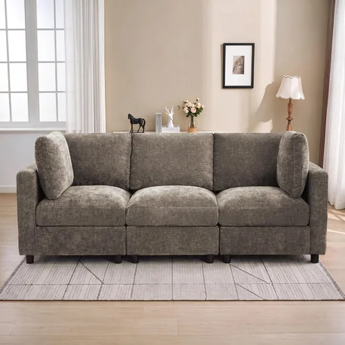 Vista 11 de 63" sofá seccional modular de Loveseat con otomana movible para sala de Beige