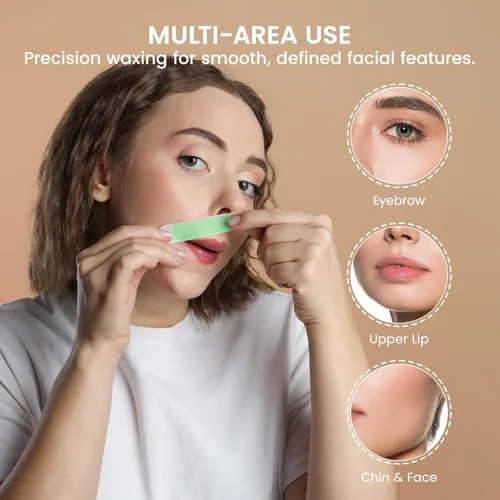 Vista 4 de Tiras de cera facial para depilación: trabajo rápido y suave para cara, cejas, labio superior, barbilla, hipoalergénicas para todo tipo de piel, 50