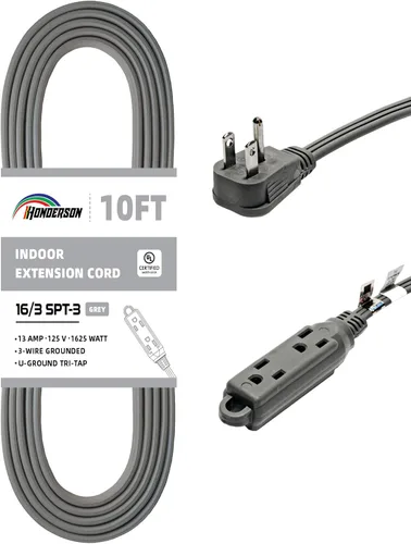 Vista 9 de Cable de extensión de enchufe plano de 3 tomas, certificado UL, cable de extensión para interiores de 16 calibre 1 pie negro de 3 puntas, tira