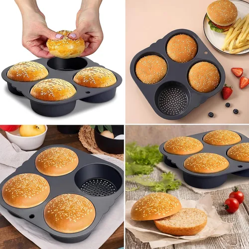 Vista 2 de Molde para bollo de hamburguesa, negro, silicona, cavidad profunda de 4 pulgadas, antiadherente