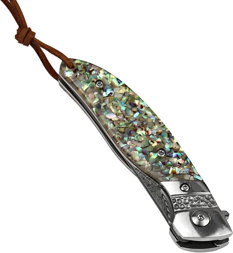 Vista 6 de Albatross Cuchillo de Bolsillo Premium de Damasco - Cuchillo Plegable EDC con Mango de Concha de Abalone, Apertura con Rodamientos de Bola, Sistema