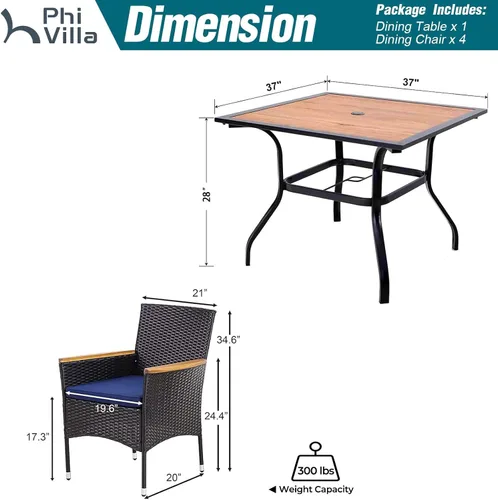 Vista 6 de PHI VILLA Juego de comedor al aire libre de 5 piezas para 4, mesa de comedor cuadrada de metal y sillas de mimbre de ratán con cojines, muebles