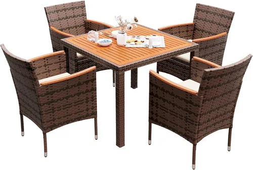 Vista 10 de Devoko - Juego de comedor de madera de acacia, 5 piezas, ratán negro