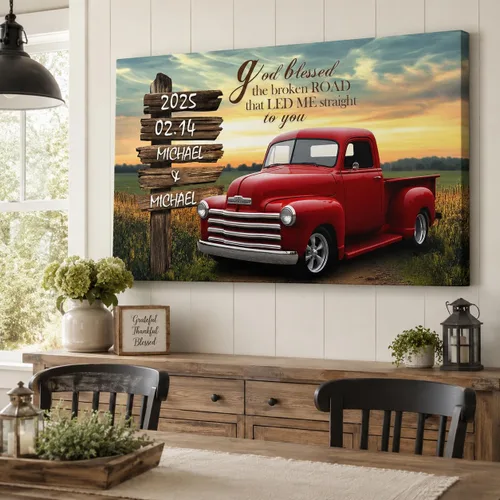 Vista 13 de ANRUOXI Arte de Pared en Lienzo de Camión Vintage Personalizado, Impresiones en Lienzo de Letrero Personalizado con Nombres y Fechas de Familia