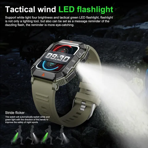 Vista 2 de Reloj inteligente militar para hombre (respuesta/hacer llamada) con linterna para Android y iPhone, rastreador de actividad física impermeable