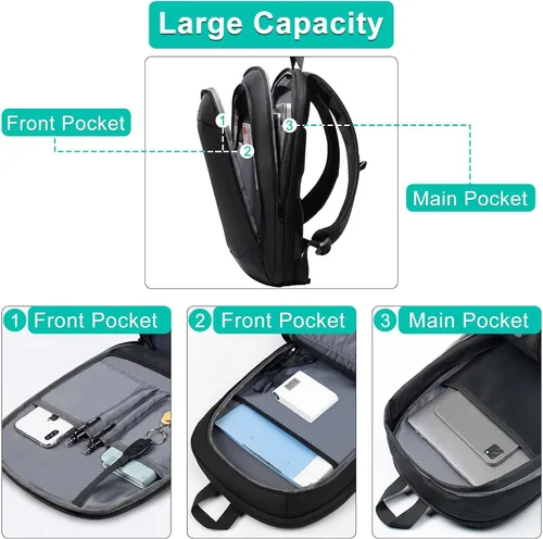 Vista 4 de hk Mochila de negocios para hombres de 15.6 pulgadas, delgada y expandible, impermeable, mochila de viaje para laptop, bolsa de trabajo ligera