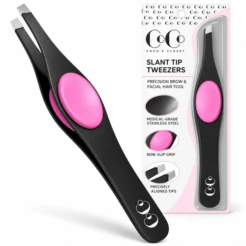 Vista 14 de Precision Tweezers for Eyebrows & Facial Hair Removal, Stainless Slant Tip Pinzas profesionales perfectamente alineadas y calibradas para pelos