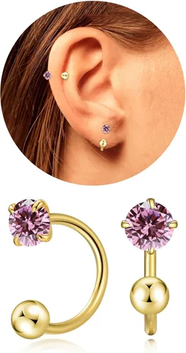 Vista 25 de Pequeños aretes de piedra natal natural de 0.118 pulgadas para mujeres, adolescentes y niñas, pequeños aretes de medio aro para cartílago