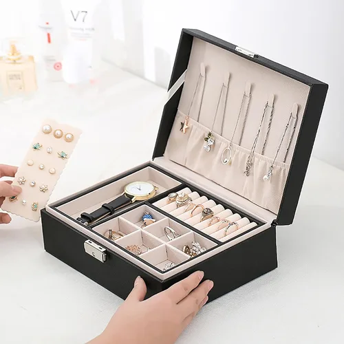 Vista 8 de ZUZ003A - Caja organizadora de joyas para mujeres y niñas, estuche de almacenamiento grande de 2 capas, soporte de exhibición de piel sintética