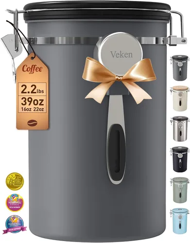 Vista 16 de Veken Recipiente de café, recipiente hermético de acero inoxidable para almacenamiento de alimentos con rastreador de fecha y cuchara para café Gris