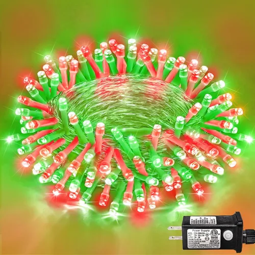 Vista 38 de Guirnalda de 120 luces LED rojas impermeables para exteriores, luces de Navidad rojas de 40 pies, 8 modos, cable transparente, guirnalda de luces