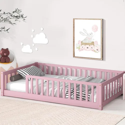 Vista 12 de Tatub Cama de suelo individual con barandillas de seguridad y puerta y listones, marco de cama Montessori de madera para niños y niñas, tamaño Gris