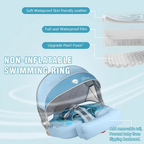 Vista 7 de Mambobaby Flotador de piscina para bebé no inflable con toldo UPF 50+, flotador de natación infantil antideslizante con arnés de seguridad de 5