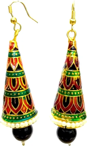 Vista 2 de DESI HAWKER Meenakari Minakari esmalte pintura oro hecho a mano pendiente Bali Jhumki Jhumka joyería étnica gota cuelga largo lámpara NI-295