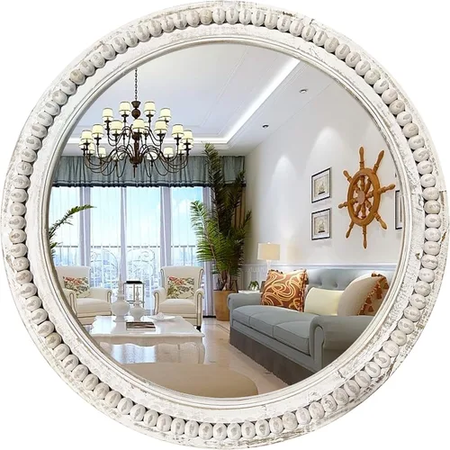 Vista 7 de Espejo circular de pared de madera redondo rústico de 24 pulgadas con cuentas, espejo decorativo de granja para sala de estar, dormitorio, cocina